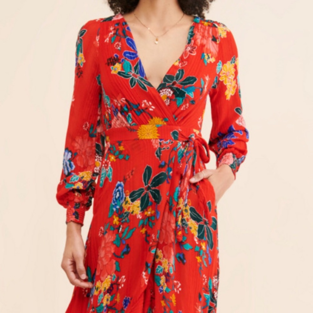 Anthropologie Vibrant Red Floral Long-Sleeve Wrap Dress - Lined with Pockets! 4P